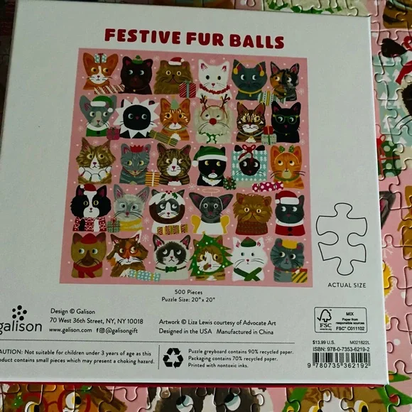 “Festive Fur Balls” Galison Christmas Cat Puzzle 500 Pieces - Picture 2 of 5